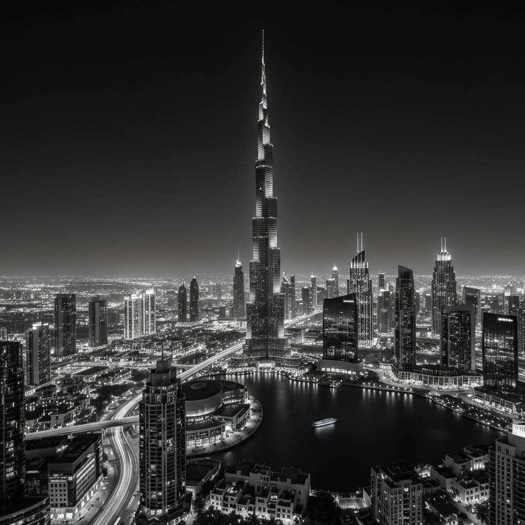 Dubai Luxury Event Venue - Karmadxb Professional Event Management Luxury Dubai nightlife skyline featuring Burj Khalifa illuminated at night, showcasing premium cityscape for exclusive events, VIP celebrations, and corporate galas managed by Karmadxb event planning agency